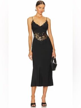New Donna Lace Slip Dress Black Lace Midi Slip Dress with Sheer Waist